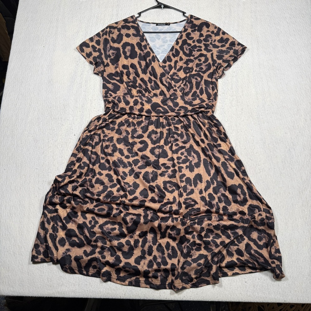 OUGES Womens Leopard Print V-Neck Empire Waist A-Line Dress with Pockets XL NWT